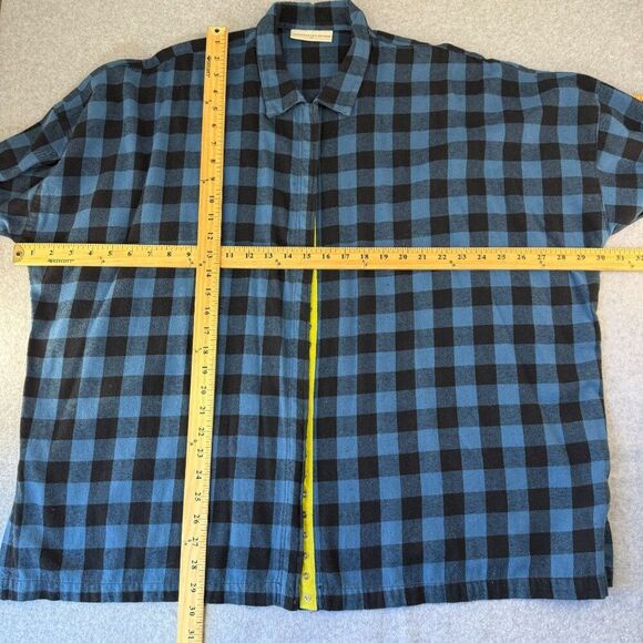 Eleven Stitch Design Medium Blue Black Plaid Button-Up Shirt Lagenlook Relaxed‎ - Picture 2 of 10
